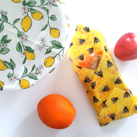 *Set of 2 Large Handmade Beeswax Wraps | Lemony Bees-1
